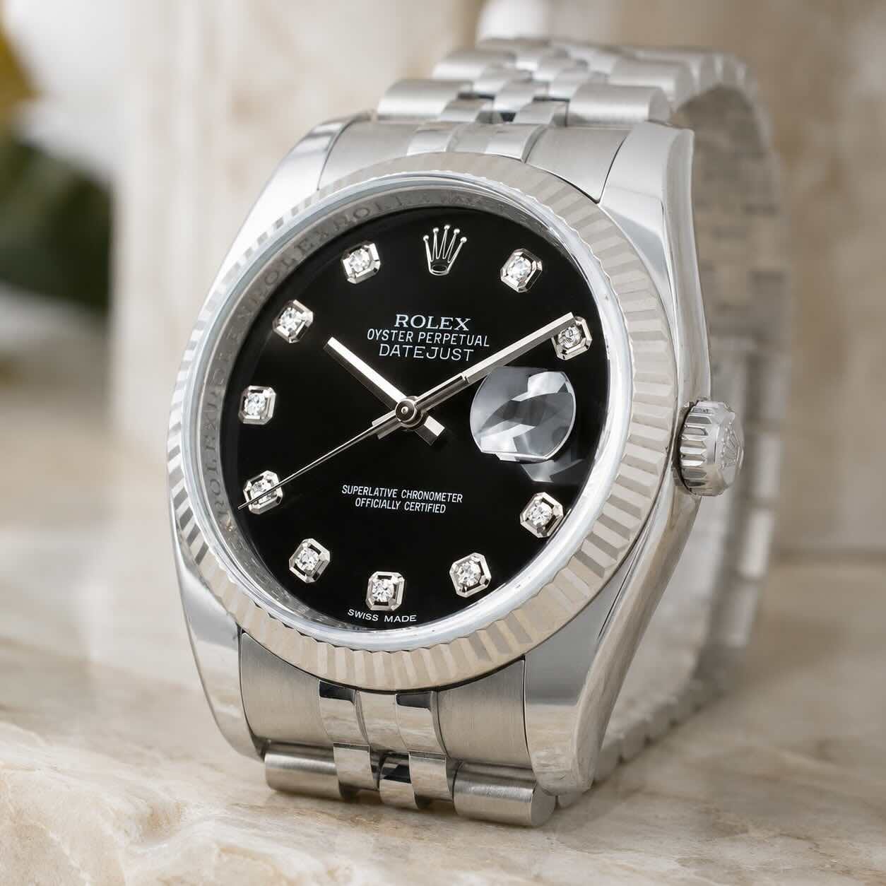 Rolex con diamanti: originali di fabbrica vs aftermarket (Guida valore 2026) 5 Rolex Datejust 36 Nero Jubilee Crownclasp 116234 Royal Black Onyx Diamanti