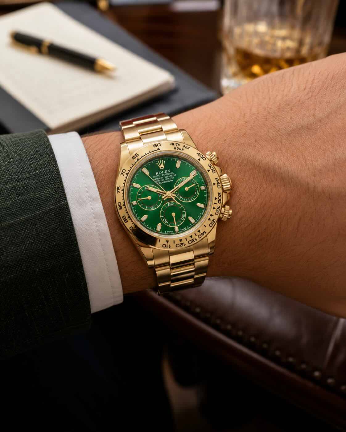 Rolex Daytona "John Mayer": il 116508 oro giallo quadrante verde 1 Rolex Daytona John Mayer ref. 116508 indossato al polso