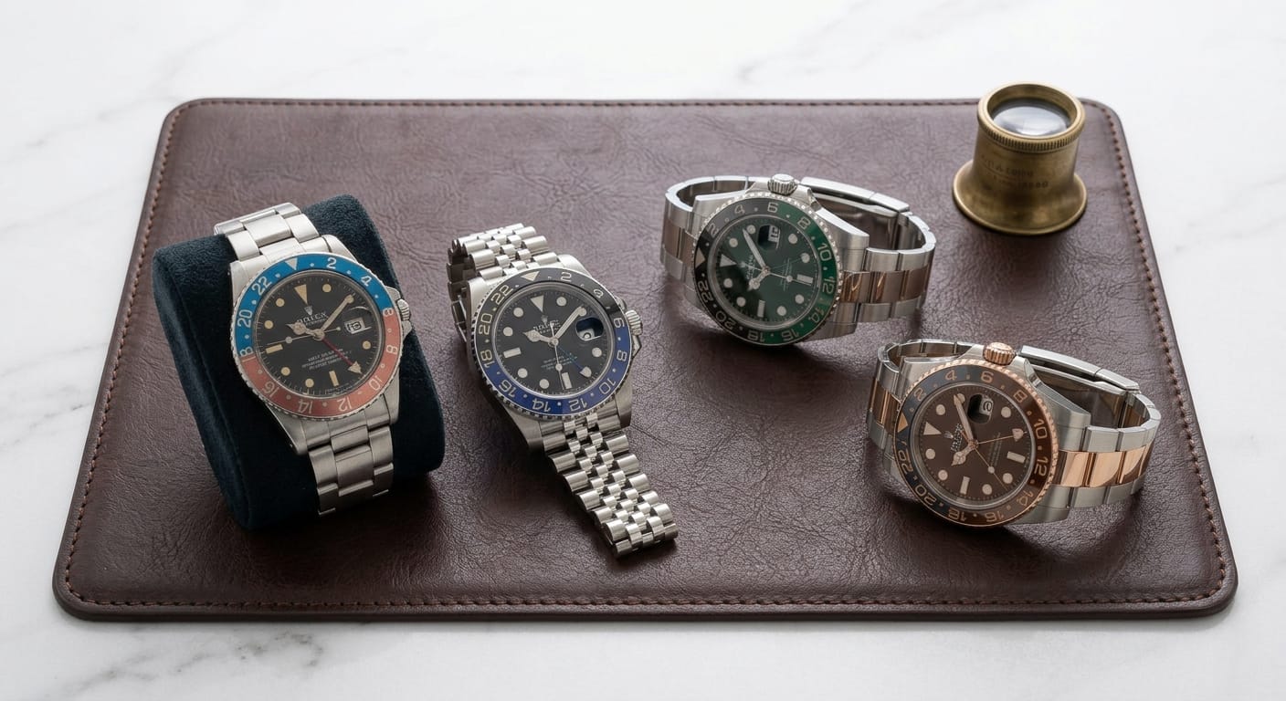 Rolex GMT-Master: storia, referenze e colorway (Guida 2026) 1 Serie di Rolex GMT Master appoggiati sul tavolo